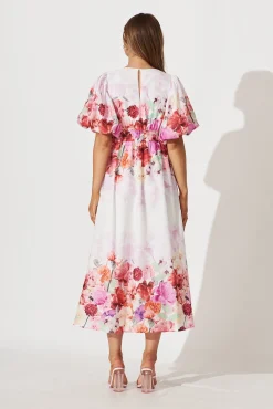 Clearance Divine Maxi Dress In White With Pink Multi Floral Print Dresses|Cocktail