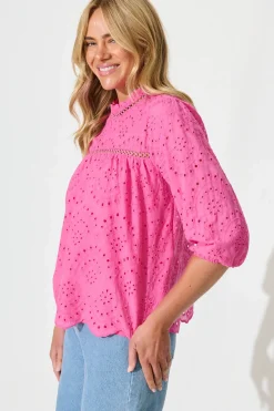 New Donia Top In Pink Embroidery Cotton Tops
