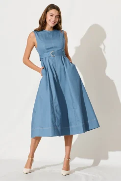 Hot Doris Midi Dress In Blue Cotton Dresses|Casual