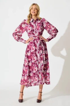 Sale Dreamy Dusk Midi Shirt Dress in Plum Floral Dresses|Party