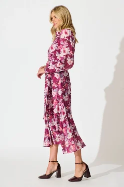 Sale Dreamy Dusk Midi Shirt Dress in Plum Floral Dresses|Party