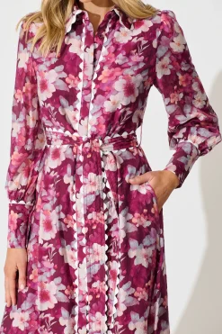 Sale Dreamy Dusk Midi Shirt Dress in Plum Floral Dresses|Party