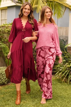 Best Dreamy Pant in Wine with Pink Floral Bottoms