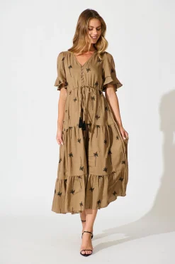 Fashion Dusk Midi Dress in Mocha with Palm Tree Embroidery Dresses|Casual