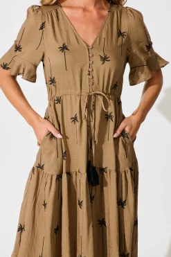 Fashion Dusk Midi Dress in Mocha with Palm Tree Embroidery Dresses|Casual