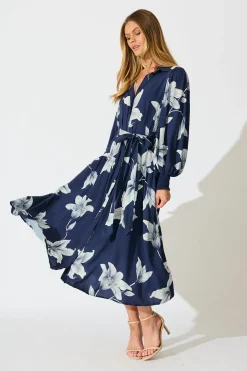 Best Eden Mist Midi Shirt Dress in Navy with White Floral Print Dresses|Casual