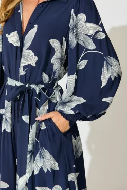 Best Eden Mist Midi Shirt Dress in Navy with White Floral Print Dresses|Casual