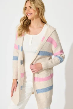Fashion Elara Hood Knit Cardigan in Pink and Multi Stripe Wool Blend Knitwear|Knitwear