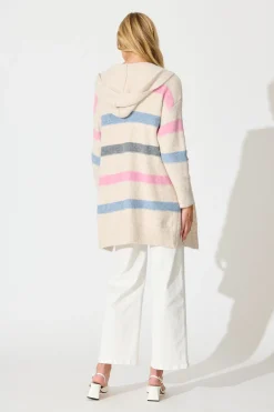 Fashion Elara Hood Knit Cardigan in Pink and Multi Stripe Wool Blend Knitwear|Knitwear