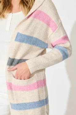 Fashion Elara Hood Knit Cardigan in Pink and Multi Stripe Wool Blend Knitwear|Knitwear