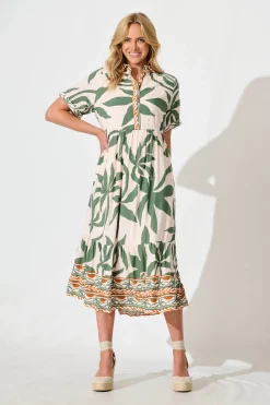 Discount Elestria Midi Smock Dress in Cream with Green Leaf Dresses|Casual