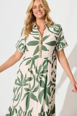 Discount Elestria Midi Smock Dress in Cream with Green Leaf Dresses|Casual
