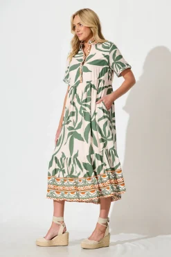 Discount Elestria Midi Smock Dress in Cream with Green Leaf Dresses|Casual