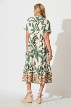 Discount Elestria Midi Smock Dress in Cream with Green Leaf Dresses|Casual