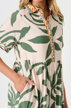 Discount Elestria Midi Smock Dress in Cream with Green Leaf Dresses|Casual