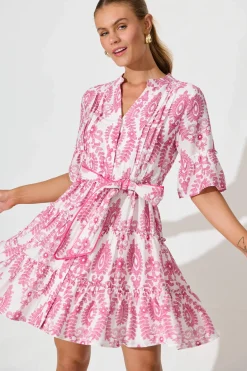 Outlet Elio Dress in White with Pink Floral Print Dresses|Casual