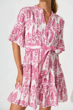Outlet Elio Dress in White with Pink Floral Print Dresses|Casual