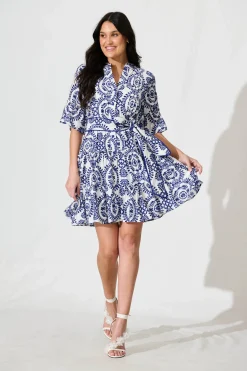 Online Elio Dress in White with Navy Floral Print Dresses|Casual