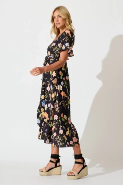 Discount Ellie Midi Dress in Black with Multi Floral Dresses|Casual