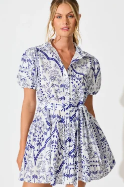 Fashion Eloise Shirt Dress in White and Blue Cotton Linen Dresses|Casual