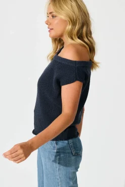 Discount Elsie Knit Top in Navy Cotton Blend Tops|Knitwear