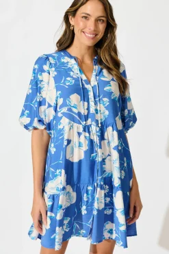 Hot Emelyn Smock Dress in Blue with White Floral Linen Blend Dresses|Casual