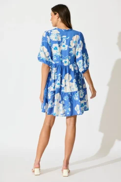 Hot Emelyn Smock Dress in Blue with White Floral Linen Blend Dresses|Casual