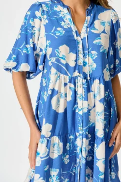 Hot Emelyn Smock Dress in Blue with White Floral Linen Blend Dresses|Casual
