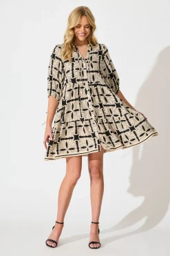 Fashion Emelyn Smock Dress in Cream with Black Tile Print Dresses|Casual