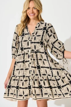 Fashion Emelyn Smock Dress in Cream with Black Tile Print Dresses|Casual