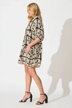 Fashion Emelyn Smock Dress in Cream with Black Tile Print Dresses|Casual