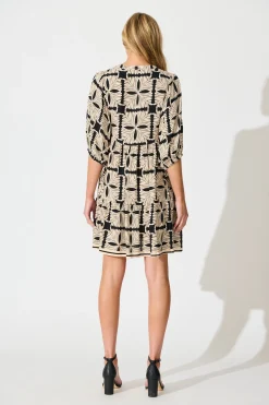 Fashion Emelyn Smock Dress in Cream with Black Tile Print Dresses|Casual