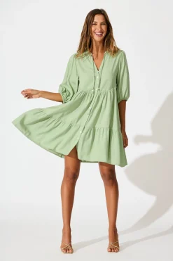 Best Emelyn Smock Dress in Sage Cotton Linen Dresses|Casual
