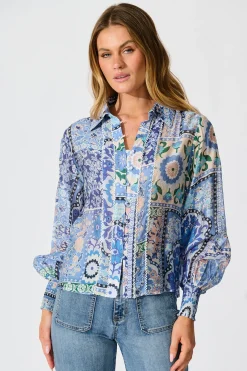 Fashion Emma Shirt in Multi Blue Cotton Blend Tops