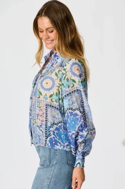 Fashion Emma Shirt in Multi Blue Cotton Blend Tops