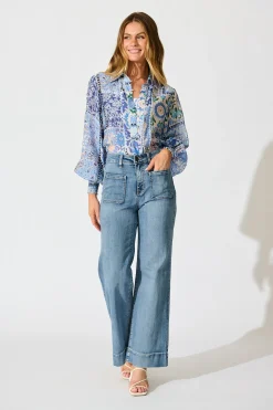 Fashion Emma Shirt in Multi Blue Cotton Blend Tops