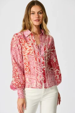 New Emma Shirt in Pink with Red Cotton Blend Tops|Workwear