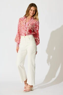 New Emma Shirt in Pink with Red Cotton Blend Tops|Workwear