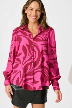 Fashion Emmanuella Shirt in Pink with Wine Print Tops|Workwear