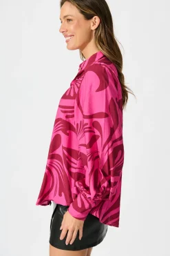 Fashion Emmanuella Shirt in Pink with Wine Print Tops|Workwear