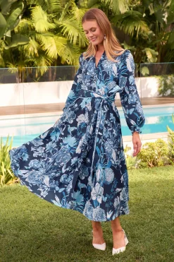 Best Enchanted Wave Maxi Shirt Dress in Navy with Blue Floral Linen Blend Engagement Party