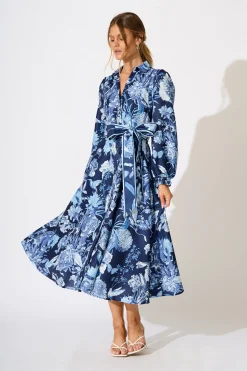 Best Enchanted Wave Maxi Shirt Dress in Navy with Blue Floral Linen Blend Engagement Party