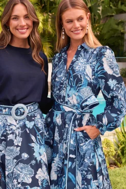 Best Enchanted Wave Maxi Shirt Dress in Navy with Blue Floral Linen Blend Engagement Party