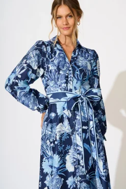 Best Enchanted Wave Maxi Shirt Dress in Navy with Blue Floral Linen Blend Engagement Party