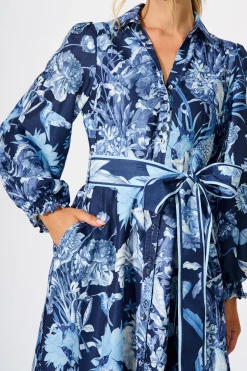 Best Enchanted Wave Maxi Shirt Dress in Navy with Blue Floral Linen Blend Engagement Party