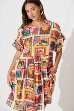 New Escape Smock Dress In Bright Multi Postcard Print Dresses|Casual