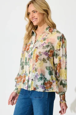 Fashion Esra Shirt in Cream with Multi Floral Print Tops