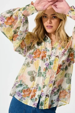 Fashion Esra Shirt in Cream with Multi Floral Print Tops
