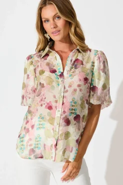 Discount Estelle Shirt in Sage with Blush Watercolour Tops|Casual