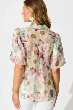 Discount Estelle Shirt in Sage with Blush Watercolour Tops|Casual